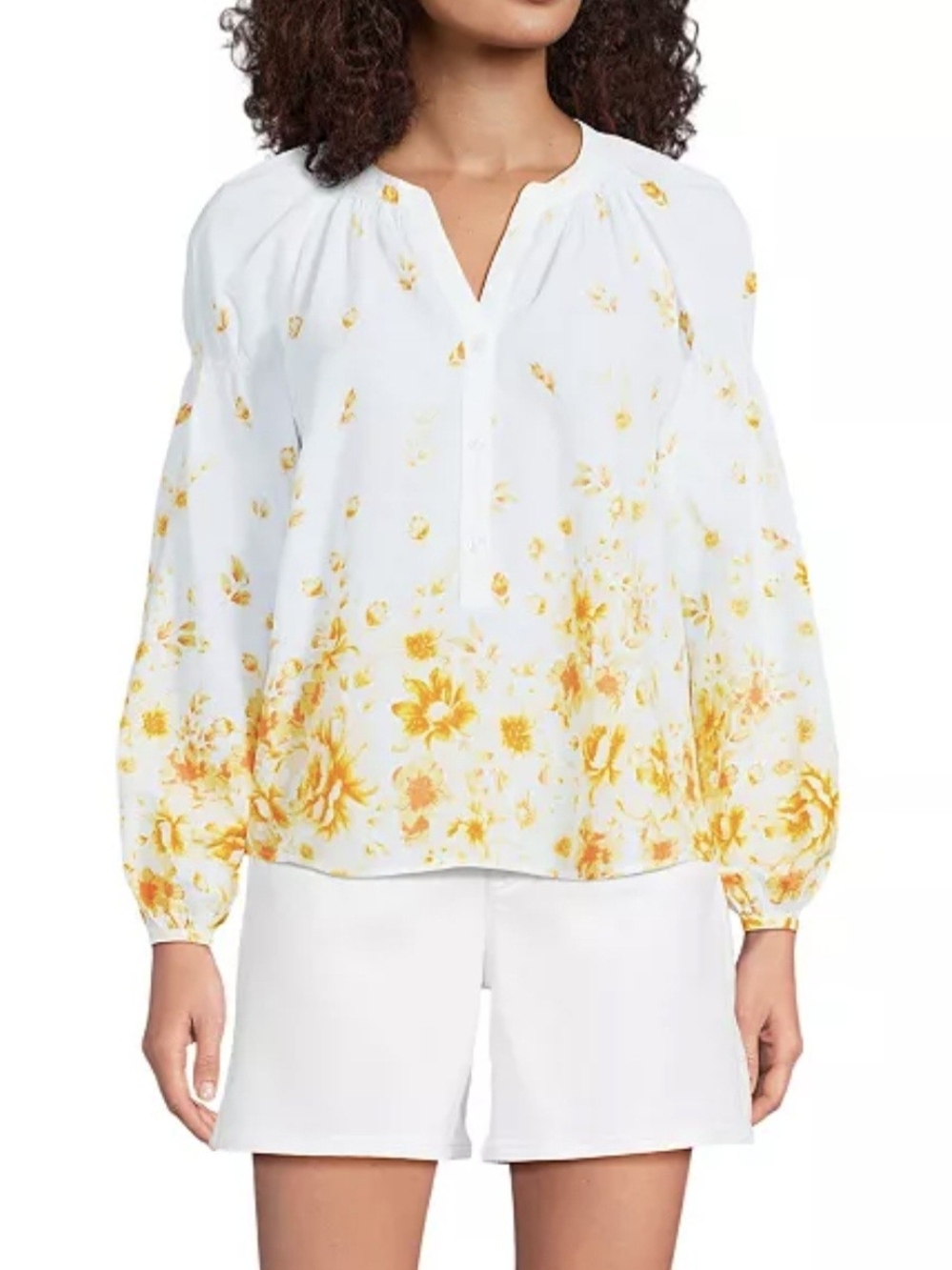Lands' End White Blouse with Yellow Floral Border